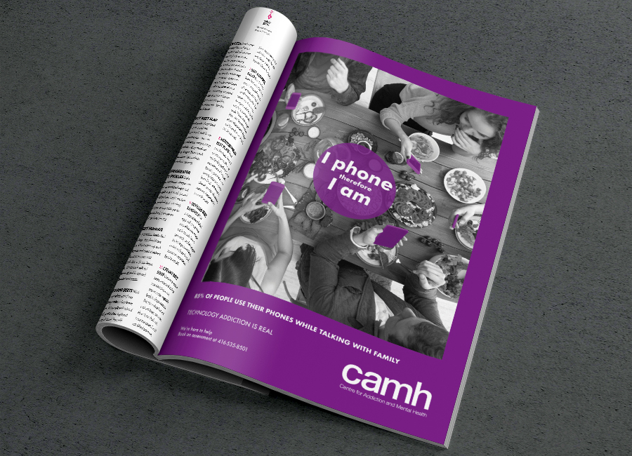 magazine mockup of psa style ad about cell phone addiction featuring a family at the dinner table