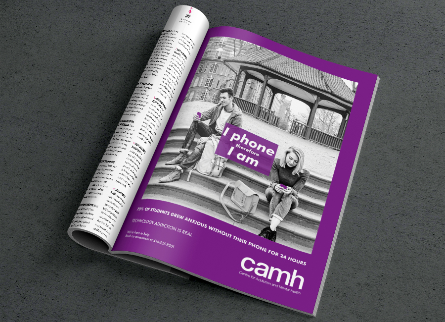 magazine mockup of psa style ad about cell phone addiction featuring two friends