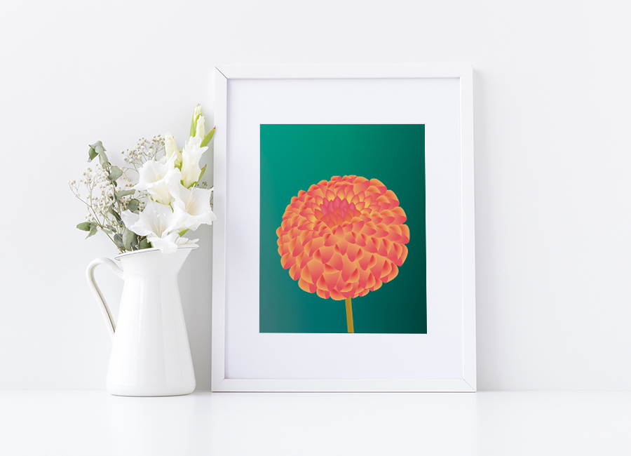 mockup of a framed digital illustration of orange and pink dahlia flower